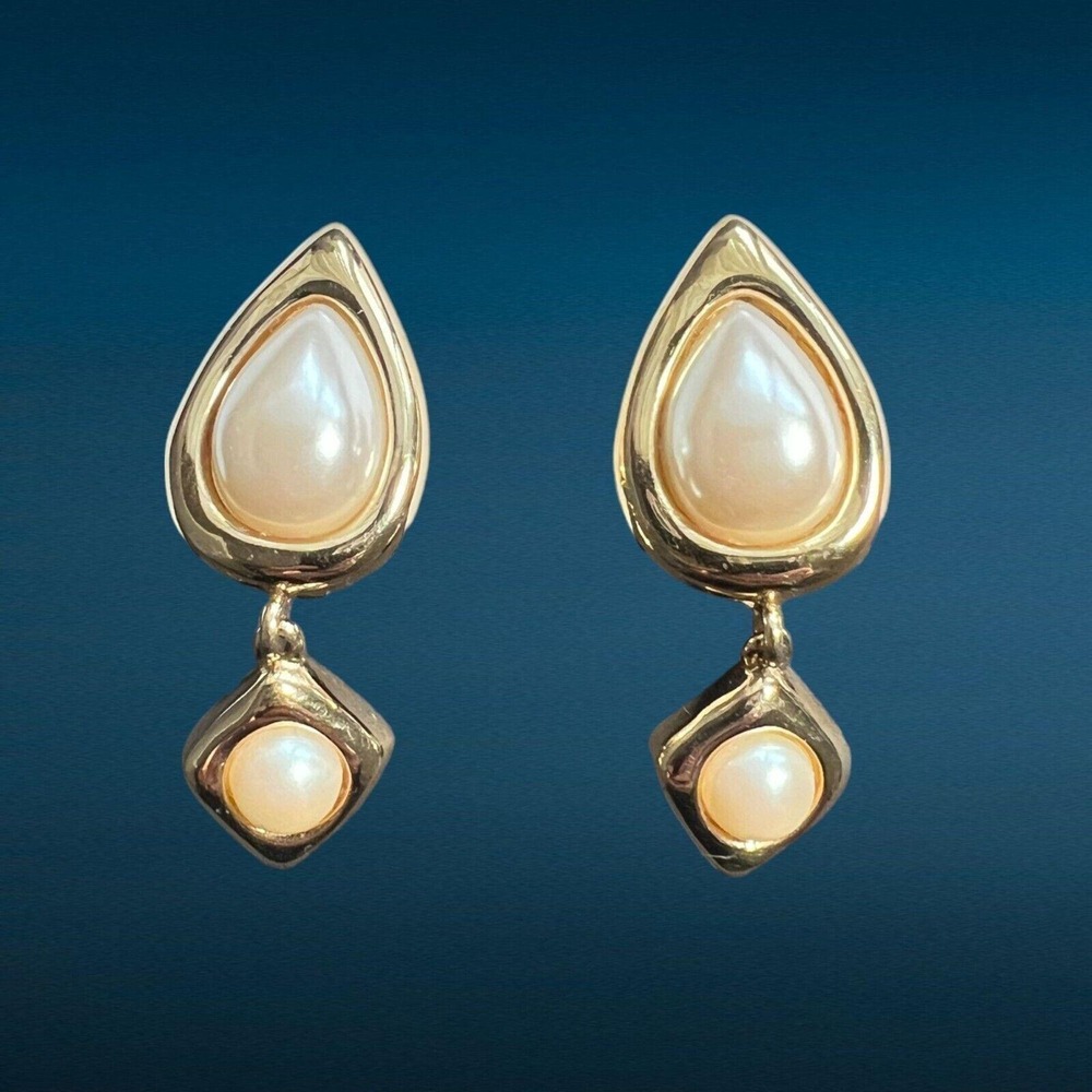 Givenchy Earrings Faux Pearl With Dangle Gold Tone Setting Clip On Vintage